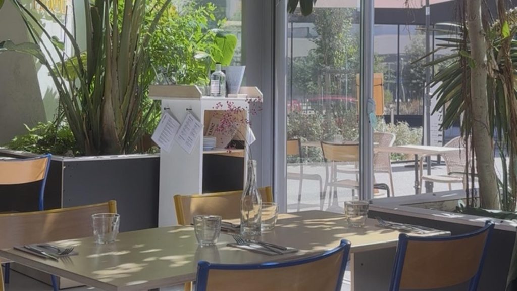 Assiette gastronomique colorée dressée sur une table en bois dans un restaurant lumineux