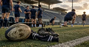 Joueurs et joueuses étudiants du MUC rugby sur la pelouse du stade Sabathé à Montpellier