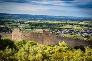 Vue sur le Castellas de Montpeyroux dominant le vignoble de la vallée de l'Hérault